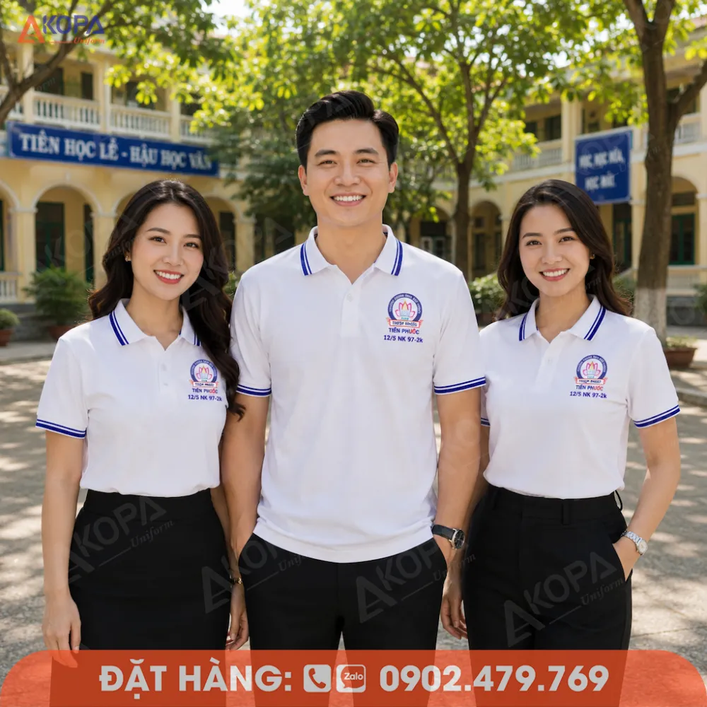 Áo đồng phục họp lớp màu trắng viền xanh dương, kiểu dáng polo lịch sự và dễ phối đồ