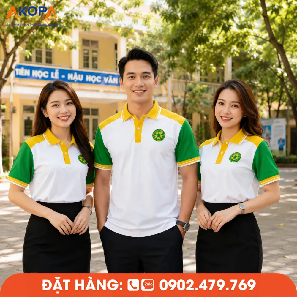 Mẫu áo đồng phục họp lớp phối màu vàng xanh hiện đại, tạo điểm nhấn cho tập thể lớp.