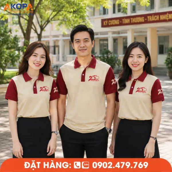 Áo Đồng Phục Họp Lớp 25 Năm Màu Kem Phối Đỏ In Logo