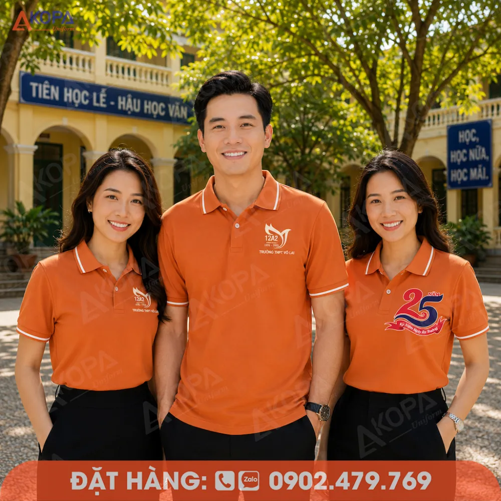 Áo họp lớp màu cam nổi bật, thiết kế polo hiện đại dành cho lễ kỷ niệm 25 năm.