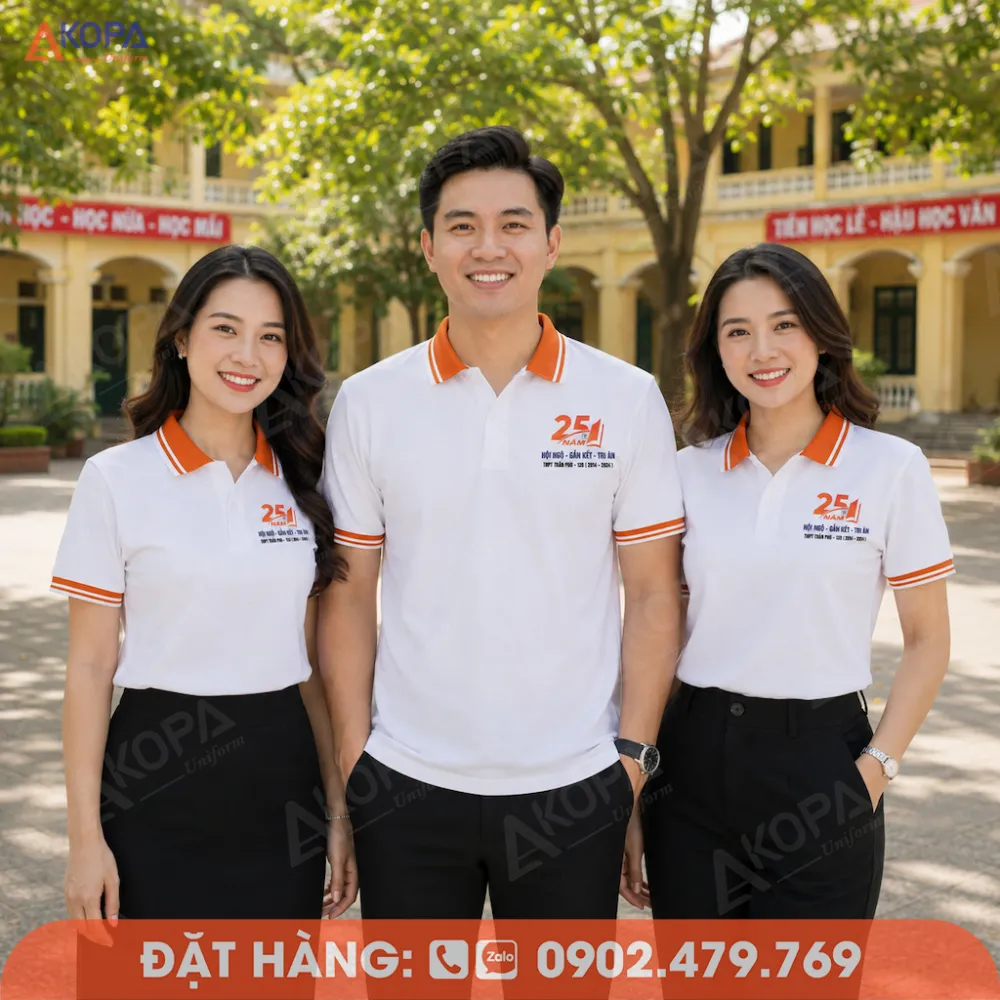 Áo đồng phục họp lớp màu trắng viền cam nổi bật, thiết kế polo trẻ trung dành cho kỷ niệm 25 năm.
