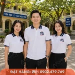 Áo họp lớp trắng viền xanh đen thanh lịch, thiết kế dành cho sự kiện reunion 25 năm.