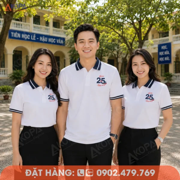Áo Đồng Phục Họp Lớp 25 Năm Màu Trắng Line Đen In Logo