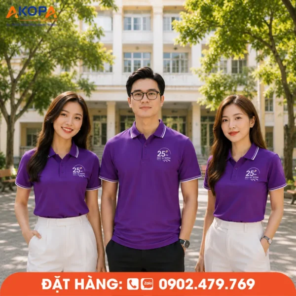 Áo Đồng Phục Họp Lớp 25 Năm Màu Tím Sọc Trắng In Logo