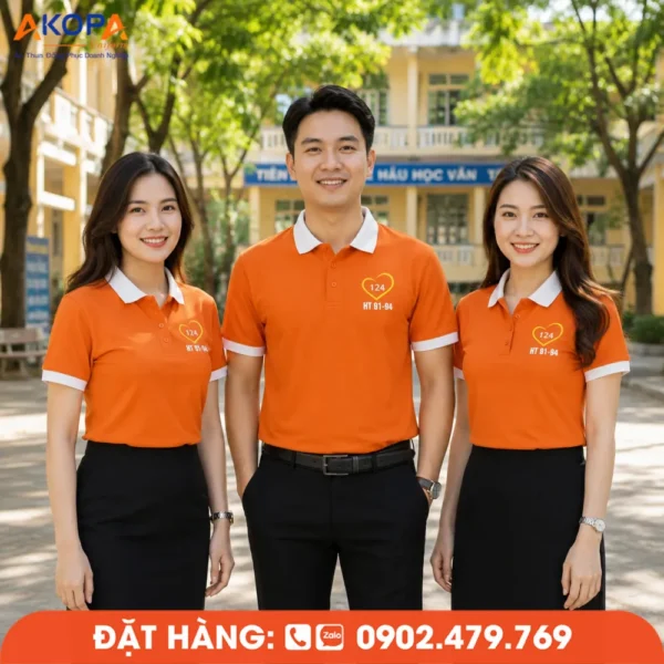 Áo Đồng Phục Họp Lớp 30 Năm Màu Cam Viền Trắng In Logo
