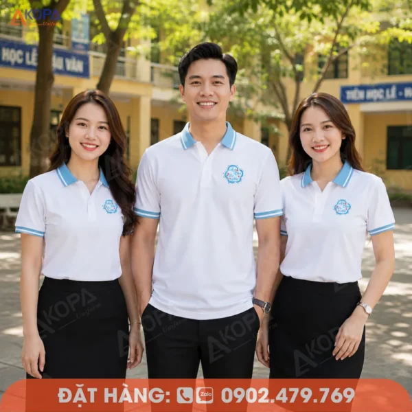 Áo Đồng Phục Họp Lớp 30 Năm Màu Trắng Phối Thanh Thiên In Logo