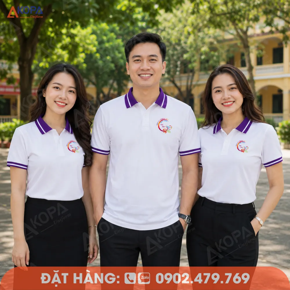 Áo họp lớp trắng viền tím nổi bật, thiết kế polo hiện đại dành cho kỷ niệm 30 năm ngày trở về.