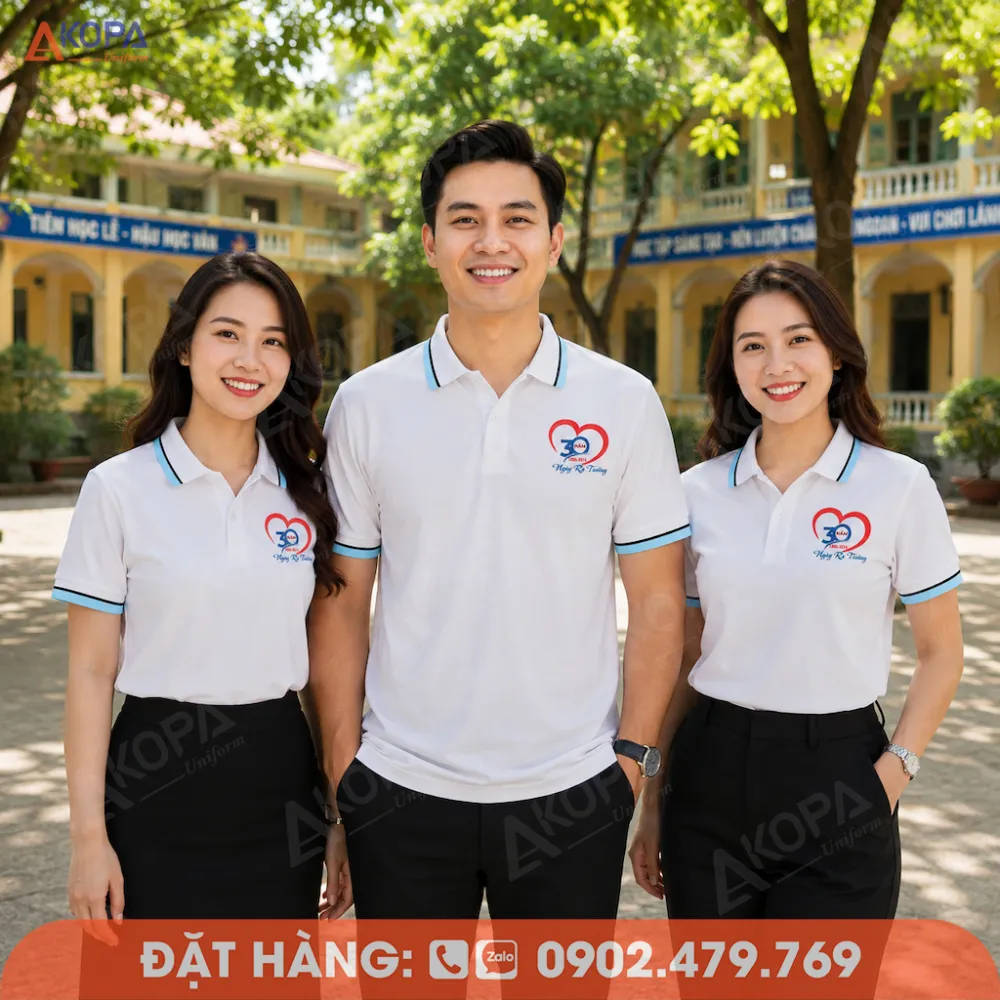 Áo đồng phục họp lớp màu trắng viền xanh ngọc trẻ trung, thiết kế dành cho kỷ niệm 30 năm.