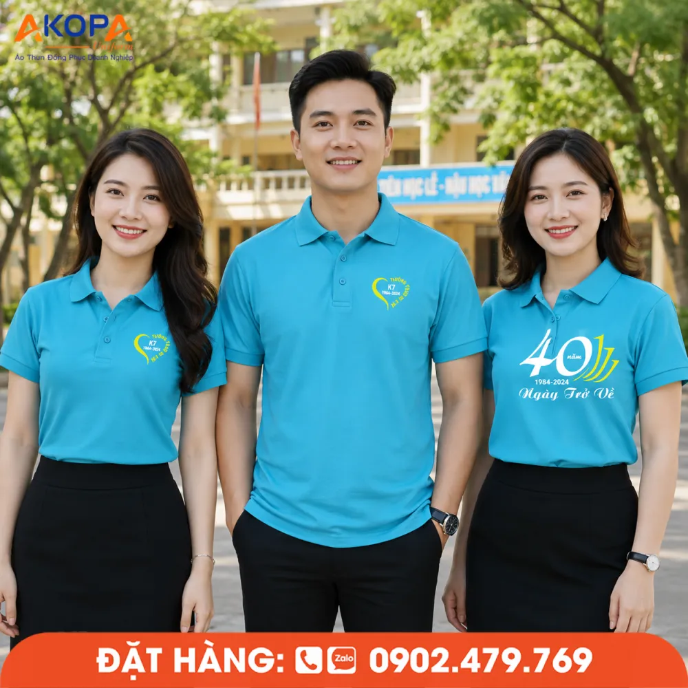 Mẫu áo đồng phục họp lớp xanh ngọc hiện đại, phù hợp lễ kỷ niệm 40 năm hội khóa.