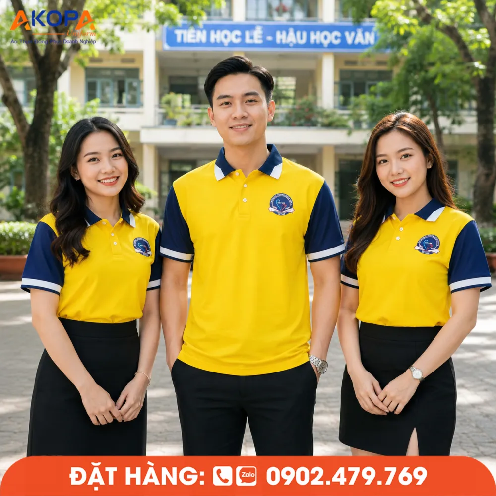 Mẫu áo đồng phục họp lớp vàng phối xanh đen trẻ trung, tạo điểm nhấn cho tập thể.
