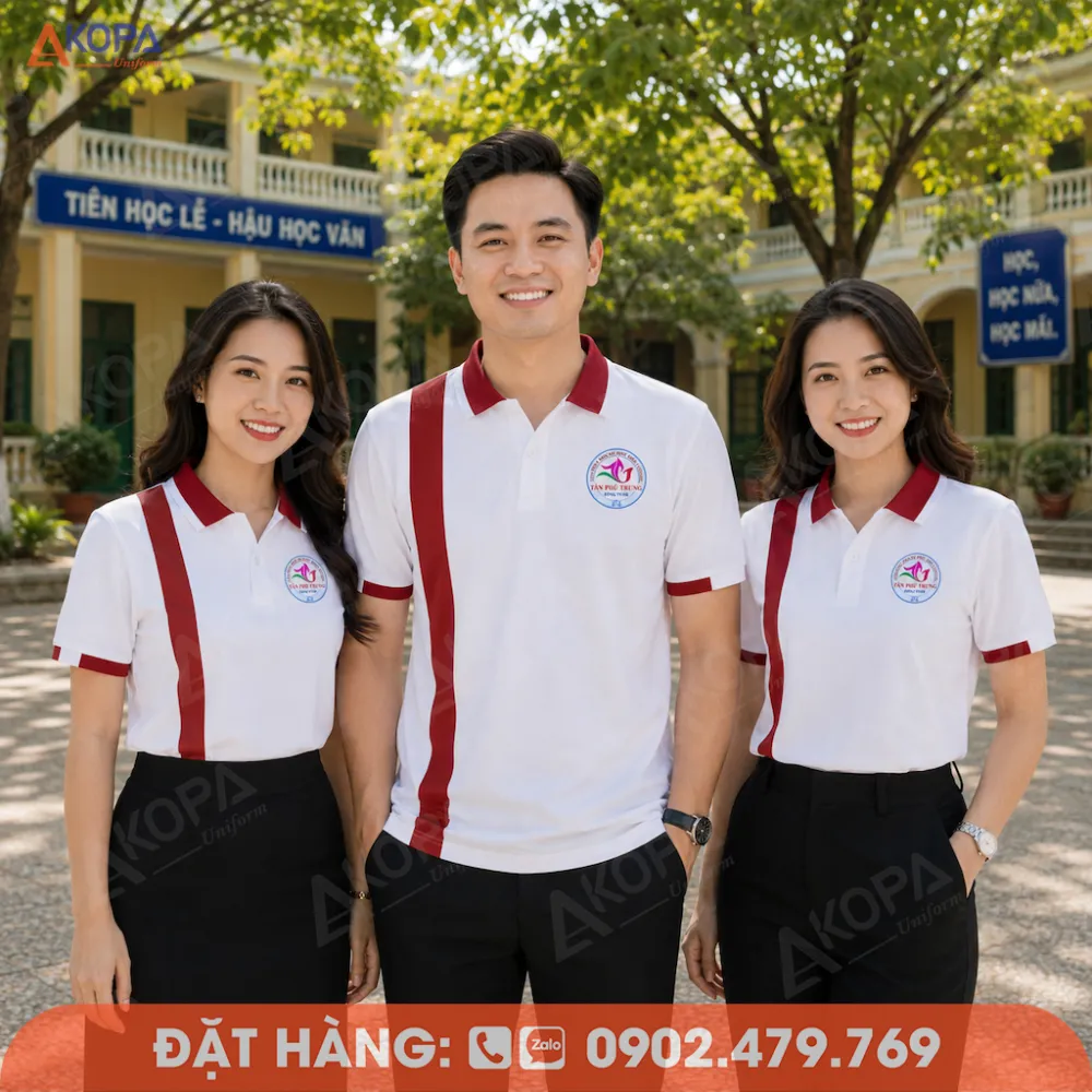 Áo họp lớp trắng phối sọc đỏ dọc hiện đại, kiểu dáng polo nổi bật và trẻ trung