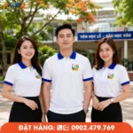 Thiết kế áo đồng phục họp lớp trắng xanh dương trẻ trung, phù hợp nhiều phong cách tập thể.