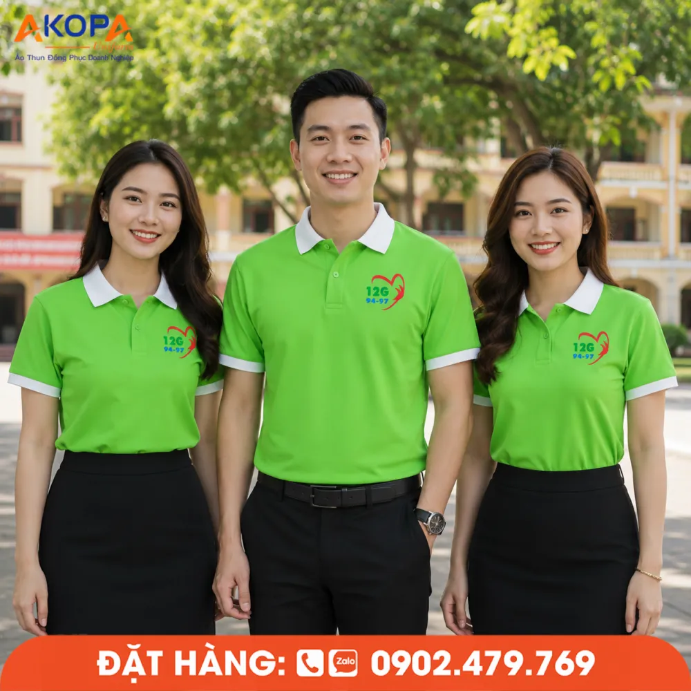 Thiết kế áo đồng phục họp lớp xanh lá năng động, phù hợp hoạt động ngoài trời và hội ngộ bạn bè.
