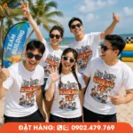 Áo phông đồng phục nhóm thiết kế trẻ trung, in slogan độc đáo, phù hợp teambuilding, du lịch biển và hoạt động gắn kết tập thể.
