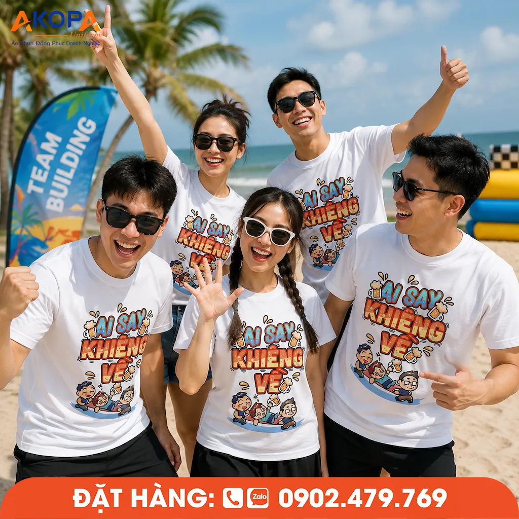 Áo phông đồng phục nhóm thiết kế trẻ trung, in slogan độc đáo, phù hợp teambuilding, du lịch biển và hoạt động gắn kết tập thể.