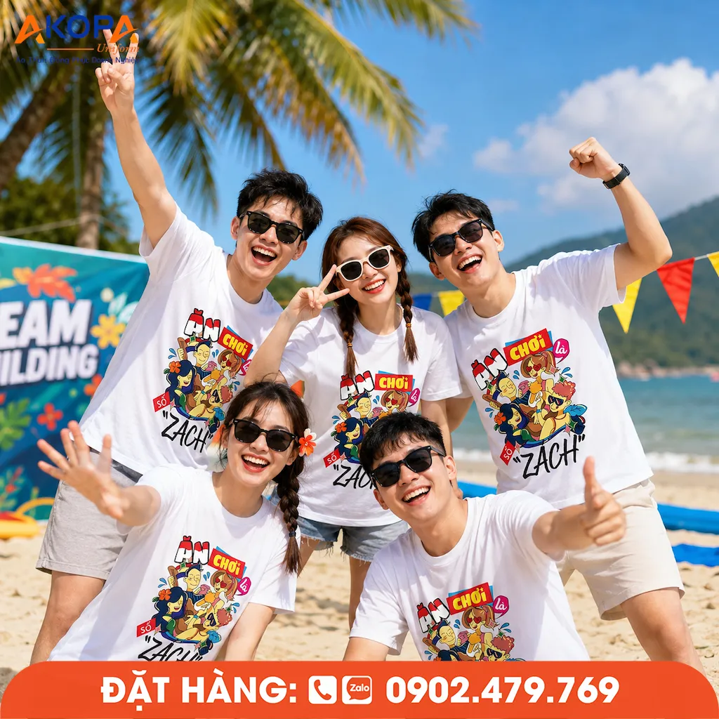 Áo phông đồng phục nhóm in hình hoạt họa sinh động cùng slogan 
