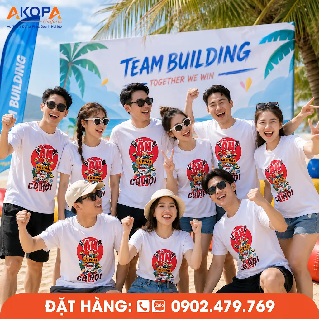 Áo phông đồng phục nhóm in slogan "Ăn Là Phải Có Hội" giúp tạo dấu ấn riêng cho hội bạn thân, nhóm du lịch và chương trình teambuilding ngoài trời.