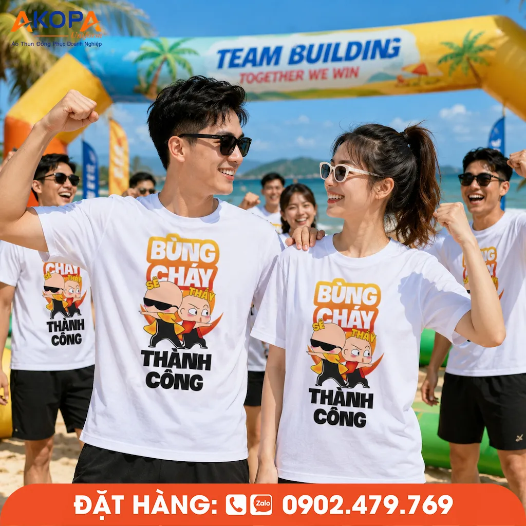 Áo phông đồng phục nhóm với thông điệp "Bùng Cháy Sẽ Thấy Thành Công", phù hợp cho teambuilding doanh nghiệp, sự kiện tập thể và hoạt động gắn kết đội nhóm.