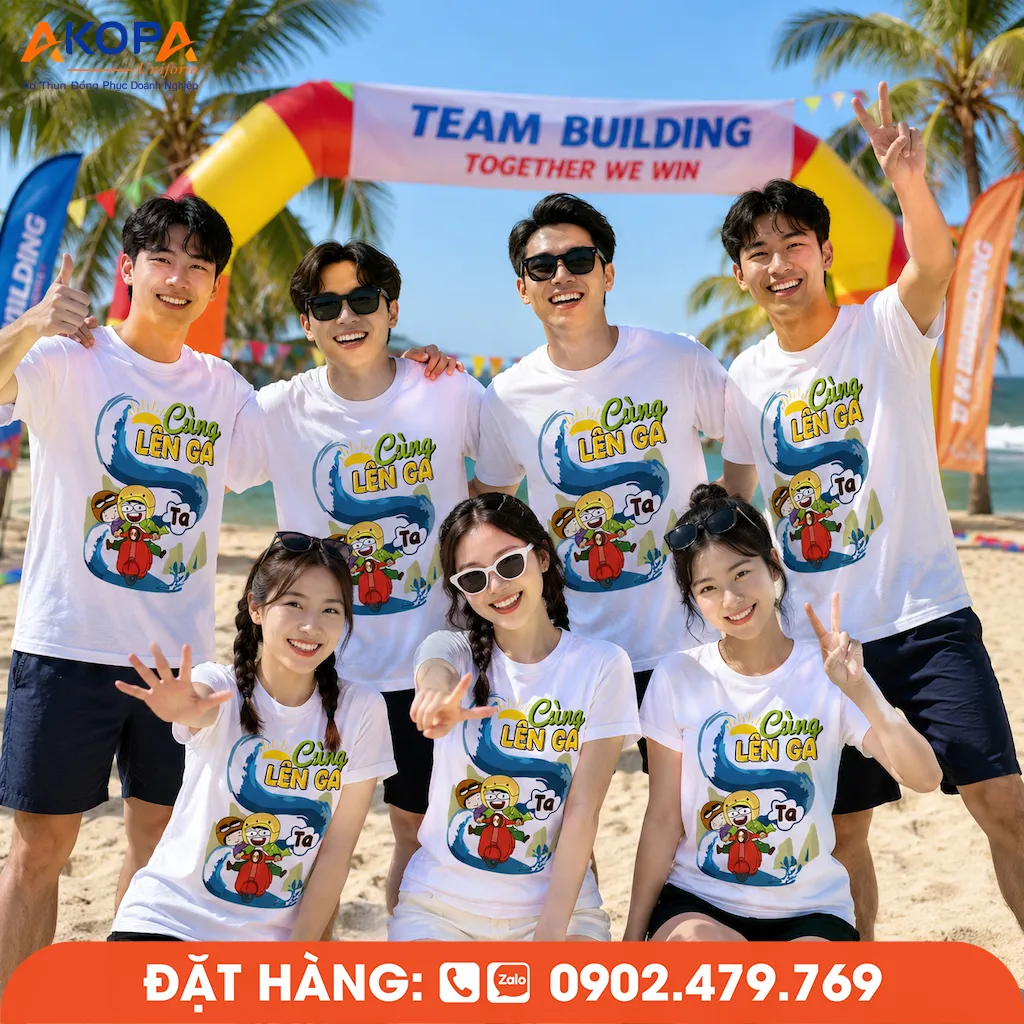 Áo phông đồng phục nhóm in slogan "Cùng Lên Ga Ta" phù hợp cho áo nhóm du lịch biển, teambuilding mùa hè và các hoạt động tập thể đầy hứng khởi.