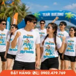Áo phông đồng phục nhóm với thông điệp "Cùng Nhau Băng Qua Bão Đại Dương", phù hợp cho teambuilding doanh nghiệp, du lịch biển và hoạt động xây dựng tinh thần đồng đội.