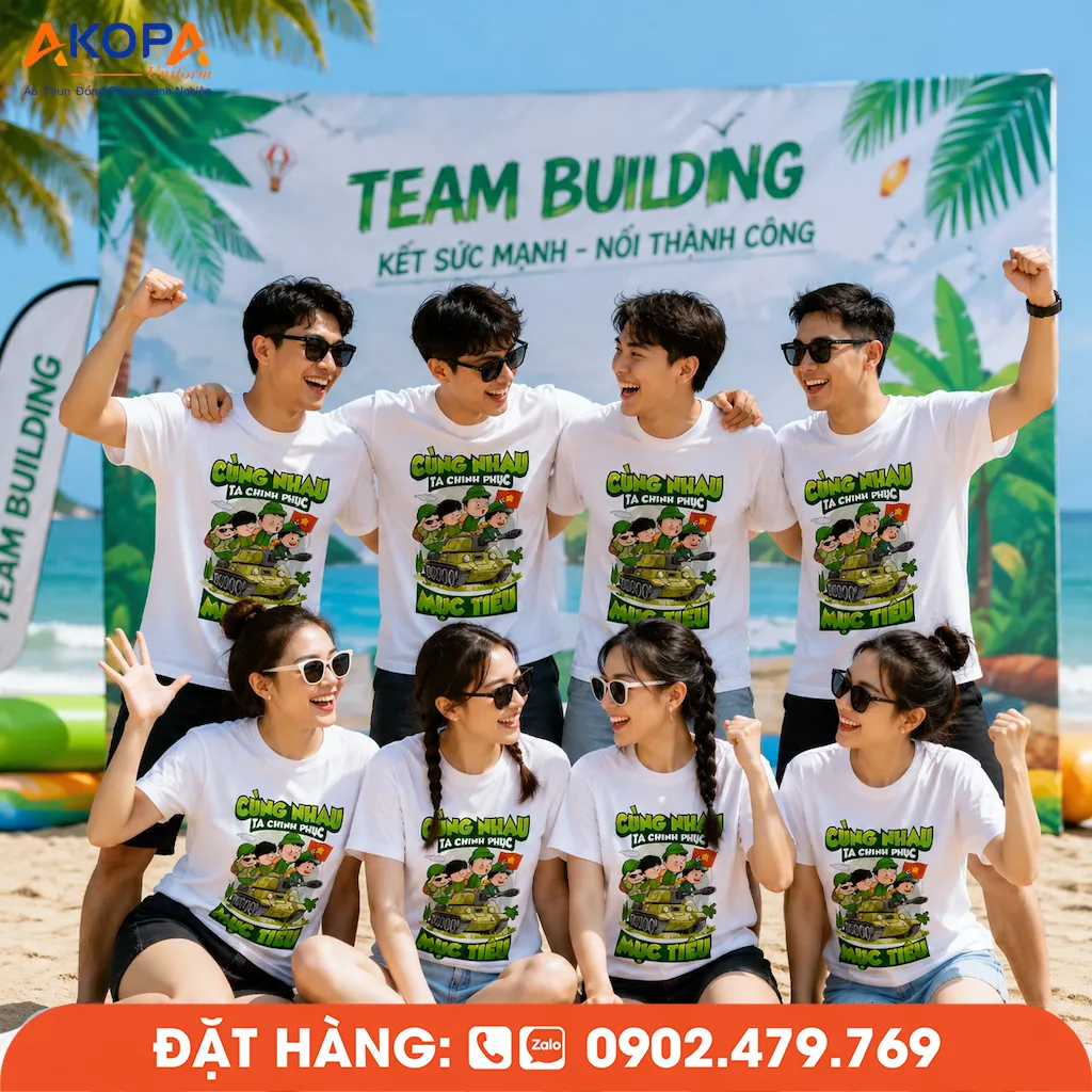 Áo phông đồng phục nhóm in thông điệp "Cùng Nhau Ta Chinh Phục Mục Tiêu", phù hợp cho teambuilding công ty, sự kiện tập thể và hoạt động xây dựng đội ngũ hiệu quả.