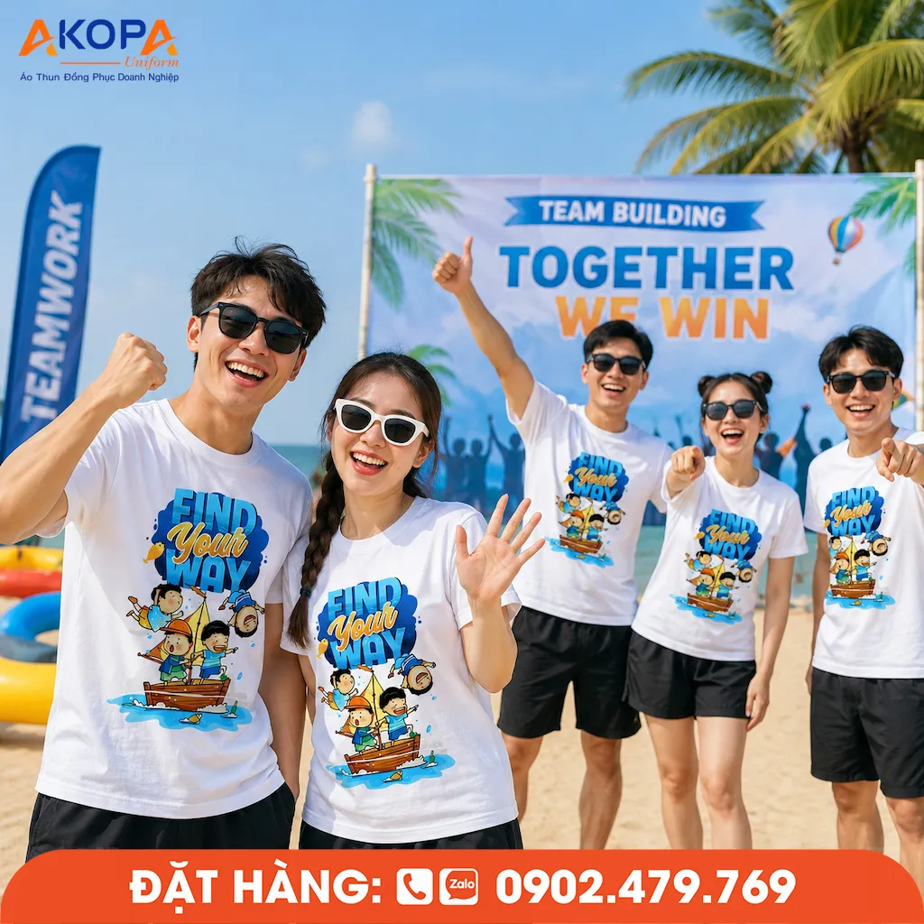 Nhóm bạn trẻ mặc áo phông đồng phục nhóm Find Your Way vui vẻ tham gia teambuilding trên bãi biển cùng đồng đội