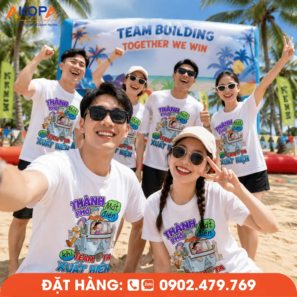 Áo phông đồng phục nhóm Thành phố mất điện khi team ta xuất hiện sở hữu thiết kế vui nhộn, phù hợp cho teambuilding, du lịch biển, dã ngoại và các hoạt động gắn kết tập thể.