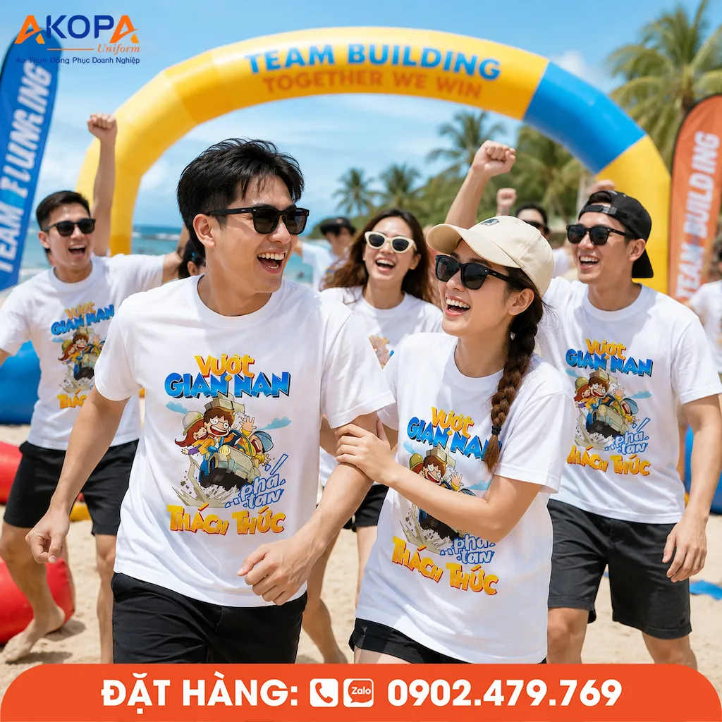 Áo phông đồng phục nhóm Vượt gian nan phá tan thách thức với thiết kế nổi bật, phù hợp teambuilding, du lịch biển, sự kiện và hoạt động gắn kết tập thể.