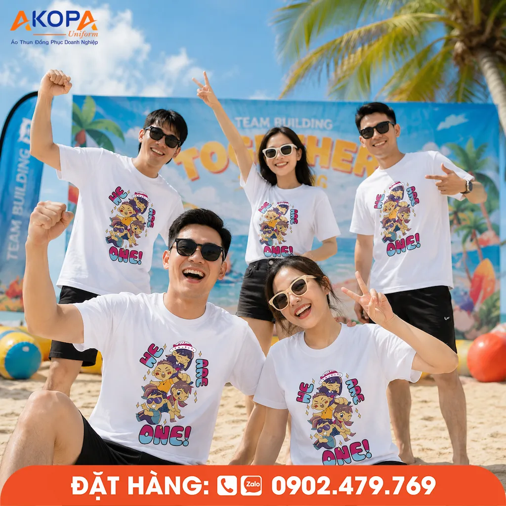 Áo phông đồng phục nhóm We Are One thiết kế trẻ trung, phù hợp cho teambuilding, du lịch biển, sự kiện tập thể và hoạt động tăng cường tinh thần đồng đội.