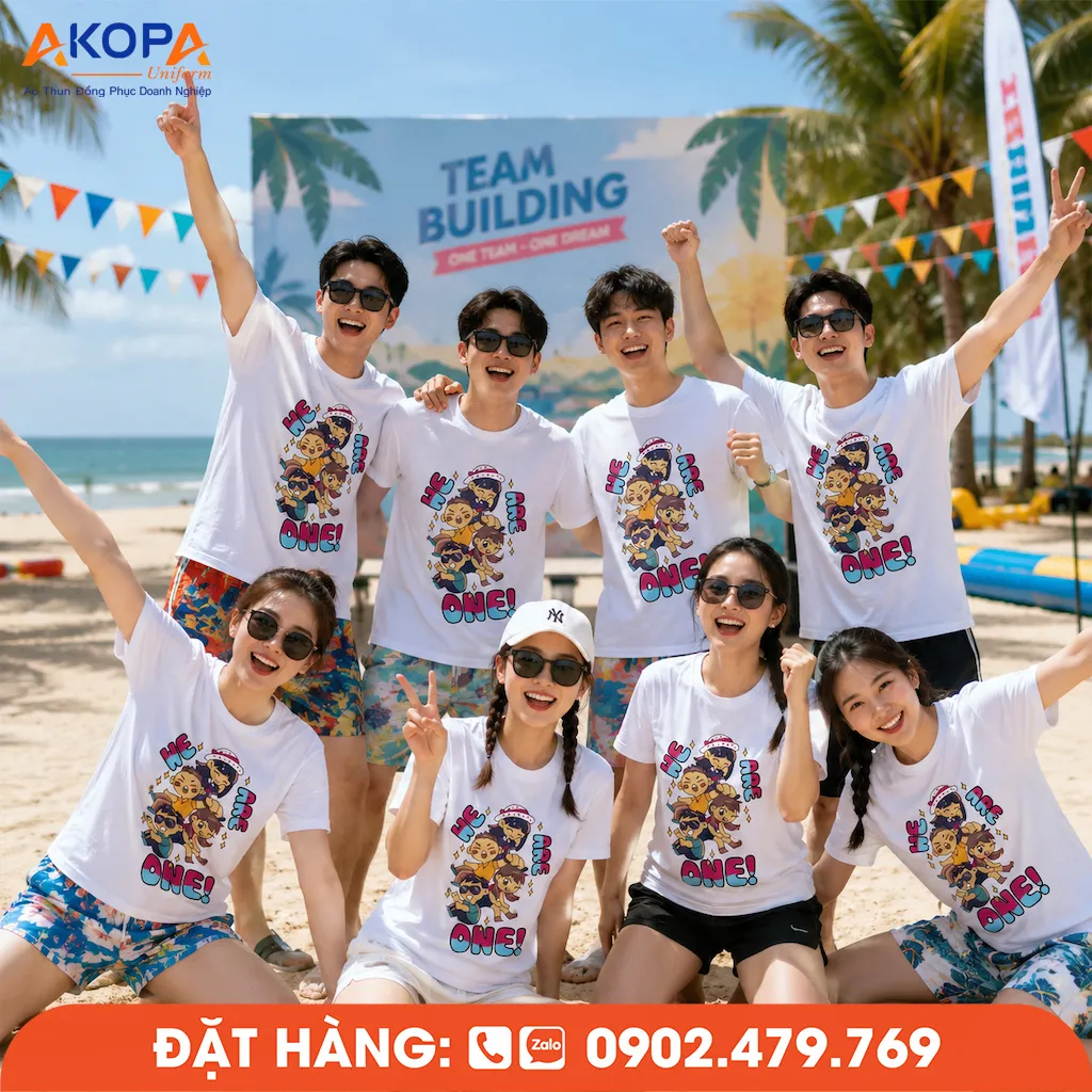 Áo phông đồng phục nhóm We Are One nổi bật với thiết kế trẻ trung, phù hợp cho teambuilding, du lịch biển, sự kiện nhóm và hoạt động gắn kết đồng đội.