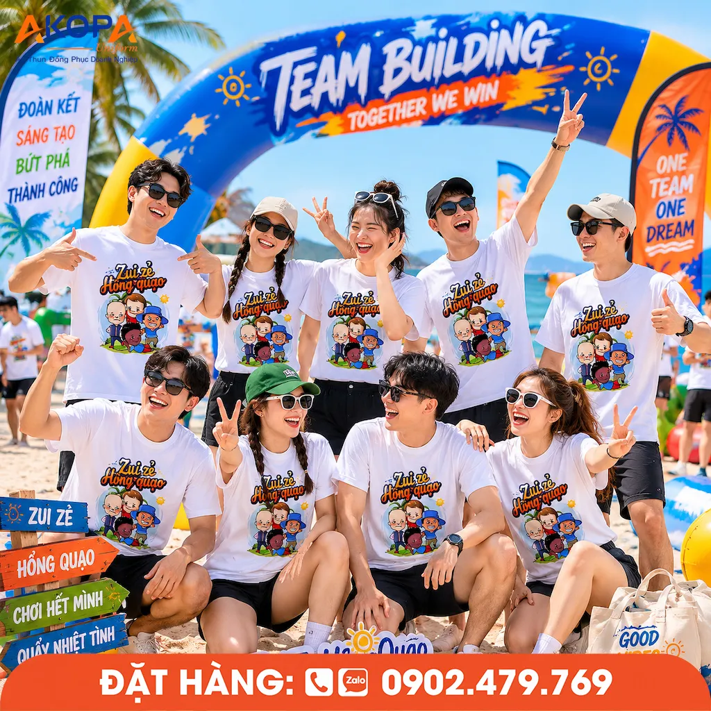 Áo phông đồng phục nhóm Zui zẻ hông quạo nổi bật với thiết kế vui nhộn, phù hợp teambuilding, du lịch biển, sự kiện tập thể và hoạt động gắn kết đội nhóm.
