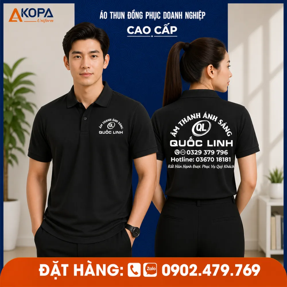 Mẫu áo polo màu đen in logo lớn phía sau dành cho ngành âm thanh ánh sáng và sự kiện.