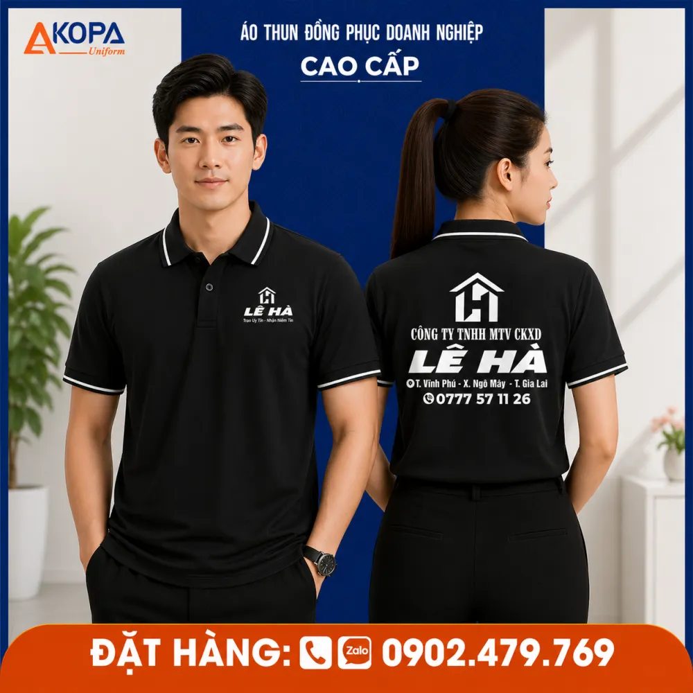 áo thun polo đồng phục công ty xây dựng màu đen phối viền trắng