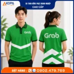 áo thun polo đồng phục công ty grab màu xanh phối trắng theo logo