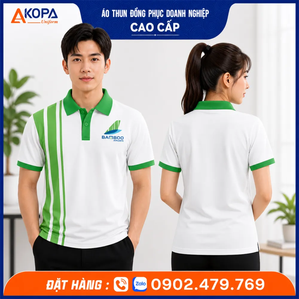 áo thun polo đồng phục công ty bamboo airways phối màu xanh với logo thương hiệu