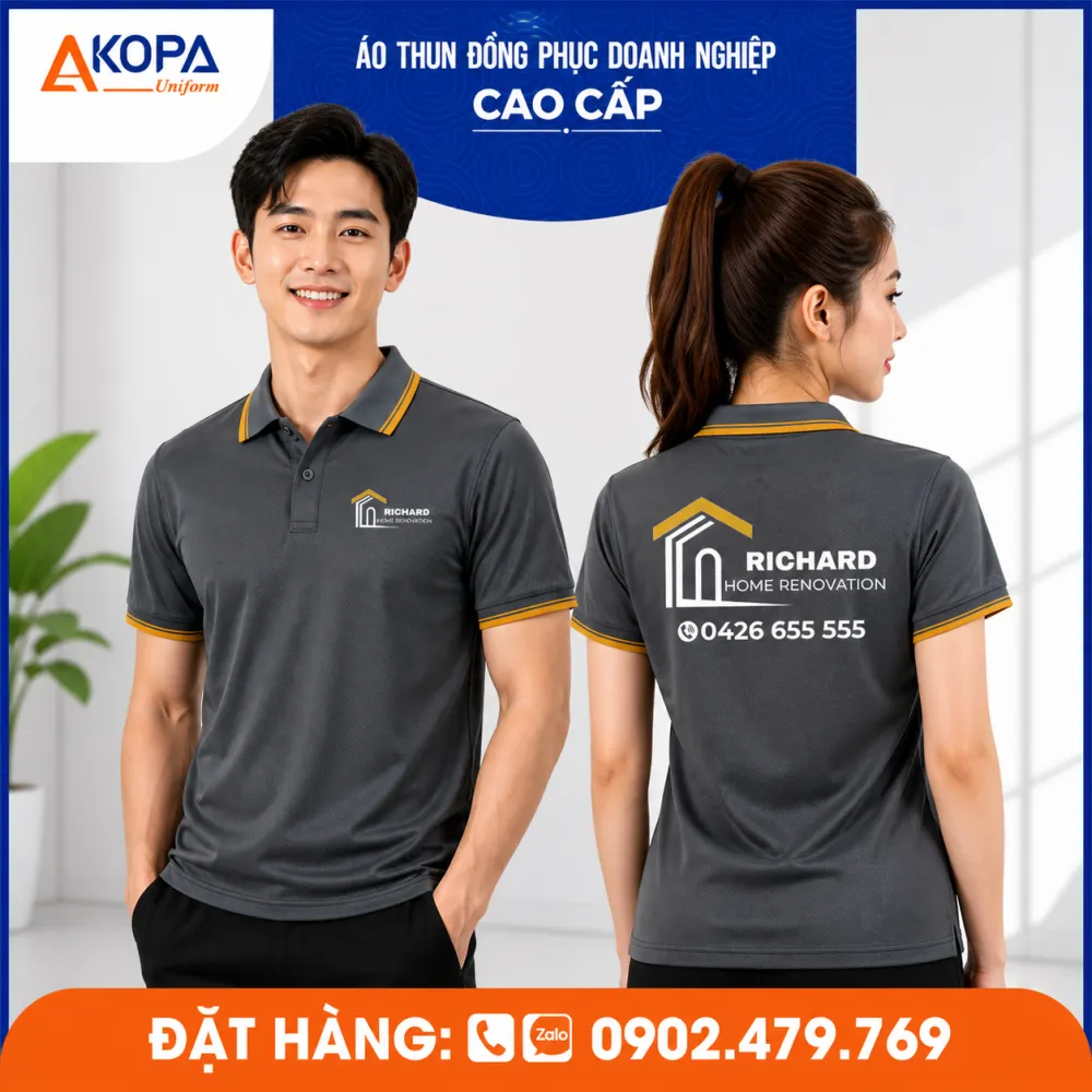 áo polo đồng phục màu xám kiểu dệt bo sang trọng phối viền cổ màu vàng