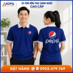 áo thun polo đồng phục công ty pepsi màu xanh dương phối theo logo thương hiệu pepsi