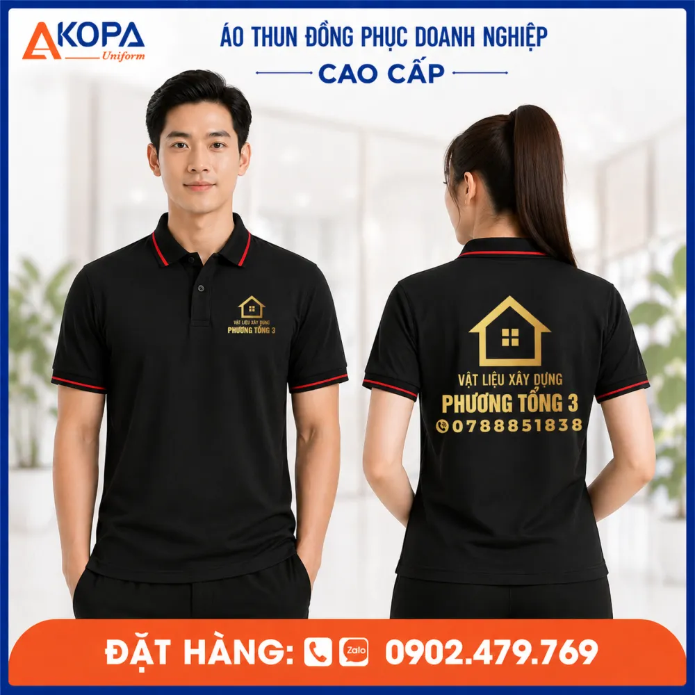 áo thun polo đồng phục cửa hàng VLXD màu đen phối viền đỏ