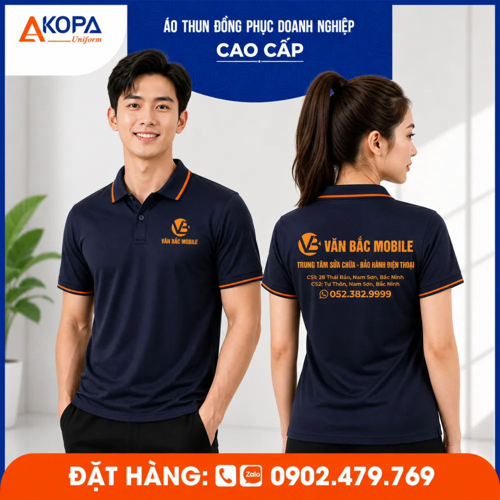áo thun polo đồng phục nhân viên mobile màu navy phối viền cam