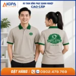 áo thun polo đồng phục dịch vụ fnb màu kem phối màu xanh theo thương hiệu