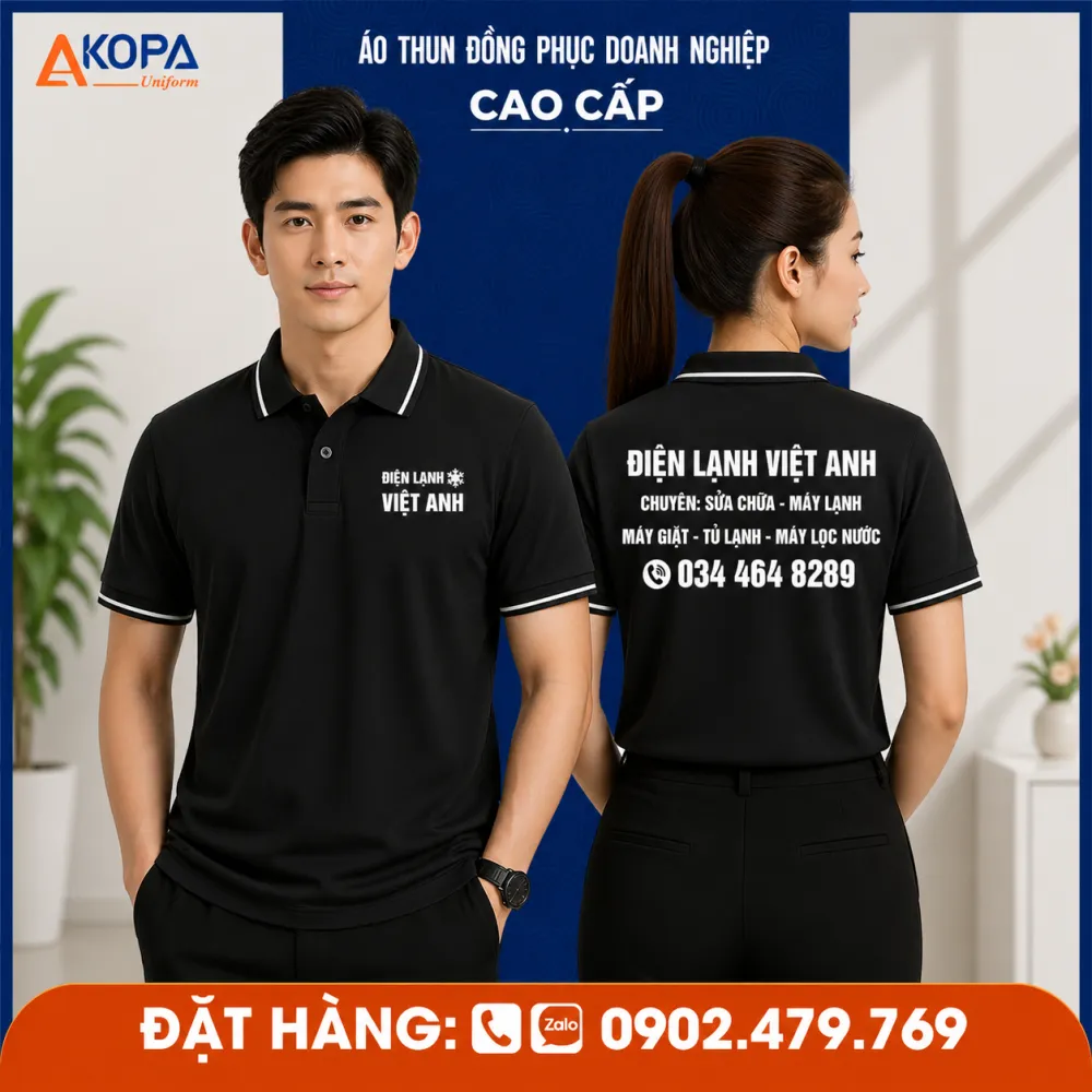áo thun polo đồng phục kỹ thuật viên điện lạnh màu đen phối viền trắng