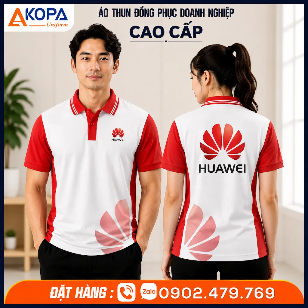 Áo polo đồng phục Huawei màu trắng phối đỏ hiện đại
