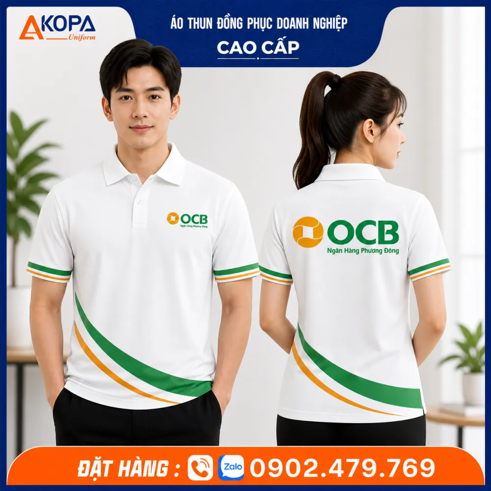 Áo Thun Polo Đồng Phục Ngân Hàng OCB Trắng Phối Xanh Cam