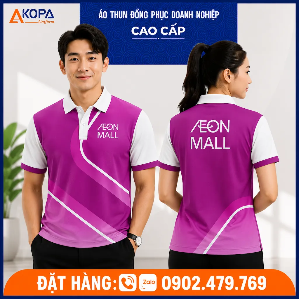 Áo polo đồng phục AEON Mall màu hồng tím nổi bật thương hiệu