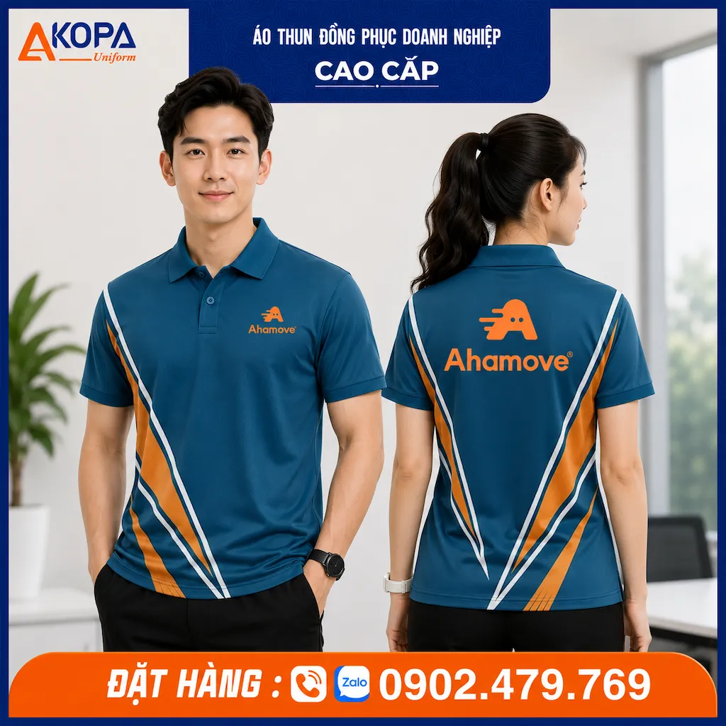 Áo polo đồng phục Ahamove màu xanh đen phối cam nổi bật