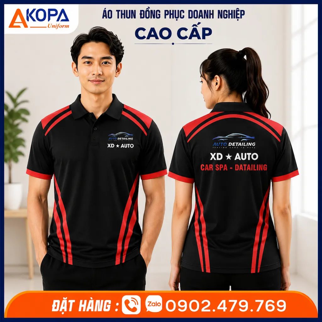 Áo polo đồng phục XD Auto Car Spa màu đen đỏ mạnh mẽ