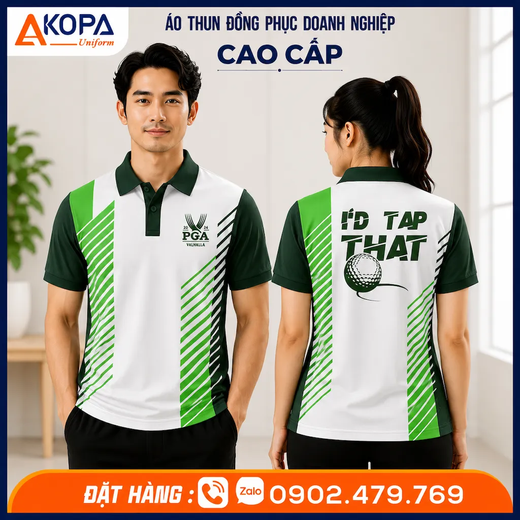 Áo polo đồng phục golf PGA màu trắng xanh lá năng động