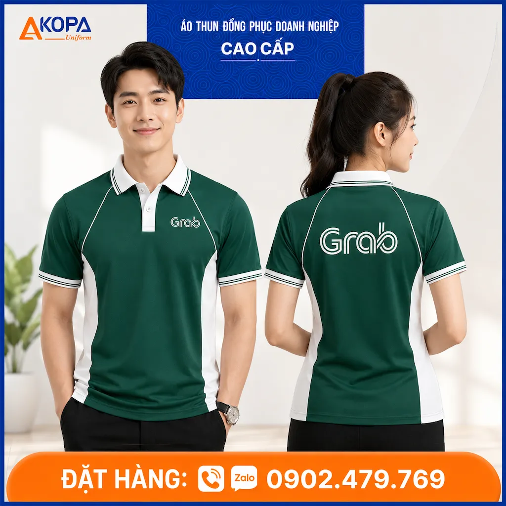 Áo polo đồng phục Grab màu xanh rêu phối trắng hiện đại