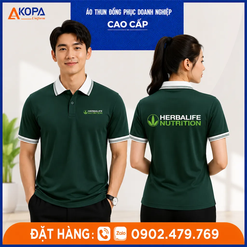 Áo polo đồng phục Herbalife Nutrition màu xanh rêu phối trắng