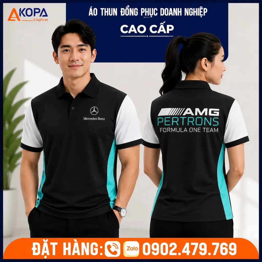 Áo polo đồng phục Mercedes AMG màu đen xanh cao cấp